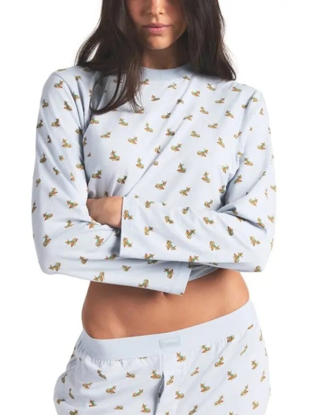 🦌🤍SKIMS Boyfriend Long Sleeve Top | Zen Blue Baby Deer Print | S | NWT 🏷️